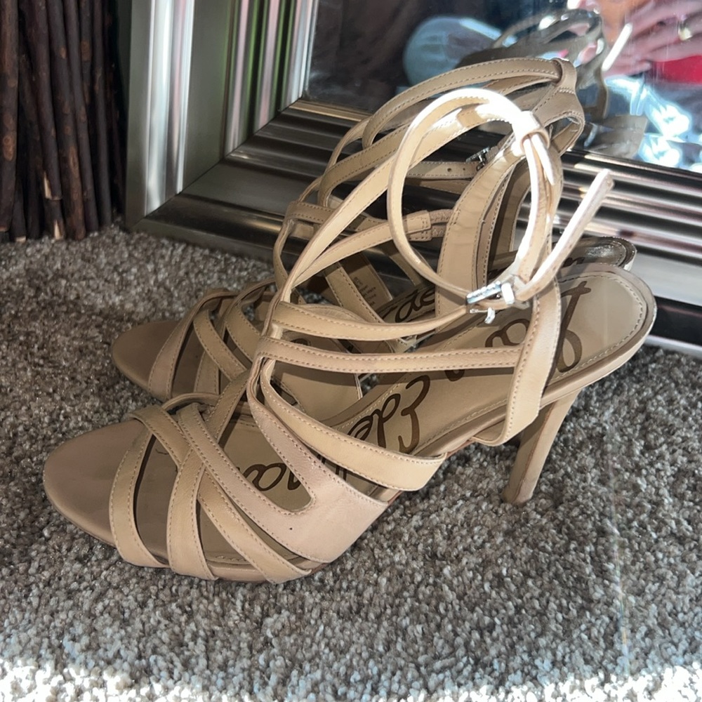 Sam Edelman nude tan leather strappy high heel sandals 4.5” heel height size 8.5 - Picture 4 of 12